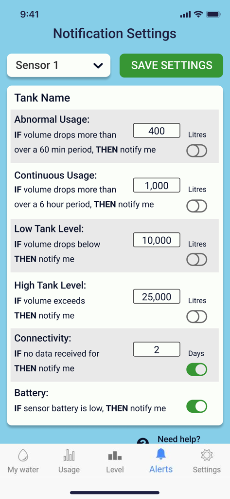 TankMate Level Monitoring - TankMate app notification settings screen showing custom alerts for water usage and tank levels