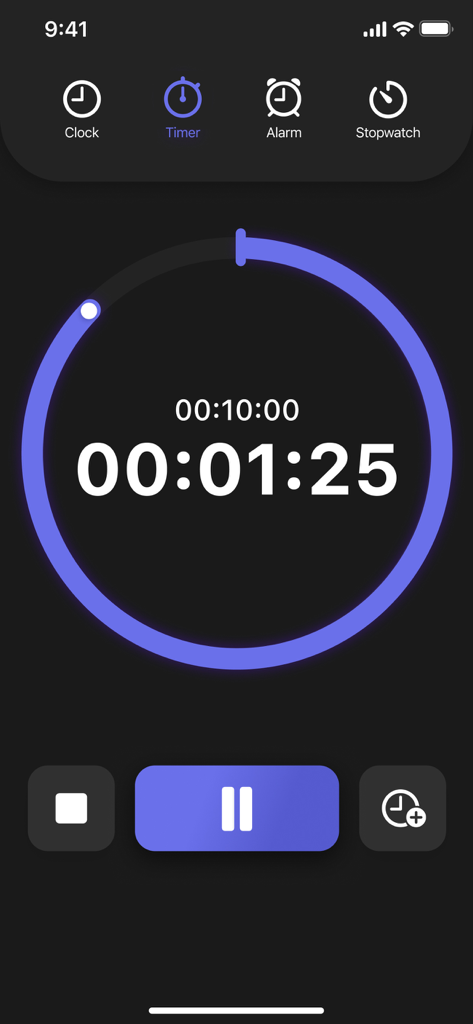 Stopwatch & Countdown Timer - Una interfaz de temporizador digital con un anillo de progreso azul y botones de control.