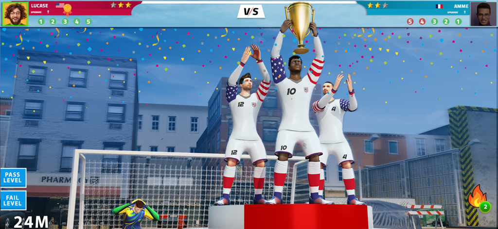 Street Soccer Cup 2026 - Jugadores del equipo de fútbol callejero de EE. UU. celebrando con un trofeo de oro en un podio en un entorno urbano.