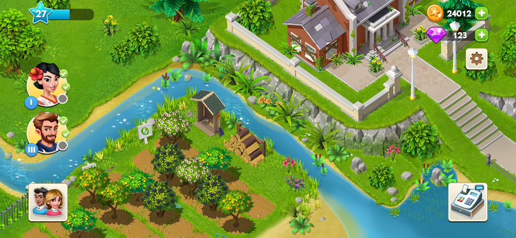 My Spa Resort - My Spa Resortゲームの緑豊かな庭園と川のトップダウンビュー