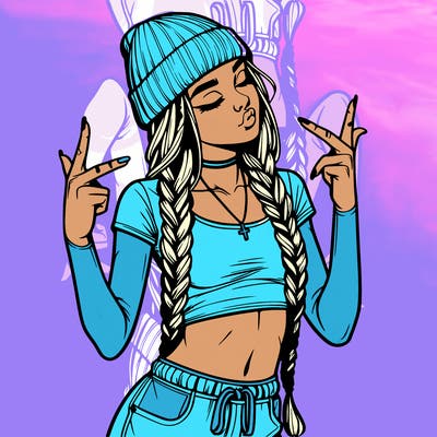 realistic teenage girl with braids and a beanie and crop top doing 🫶🏼