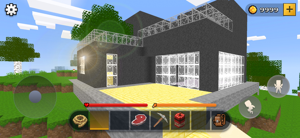 Block Craft World Sandbox - A modern black house built in a voxel sandbox world with a game interface showing inventory and health