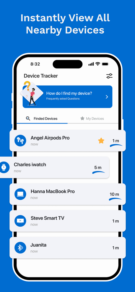 App screen displaying a list of nearby Bluetooth devices with distance measurements for easy tracking