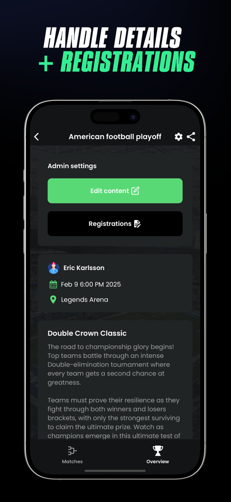 Mobile app interface for managing tournament registrations and event details