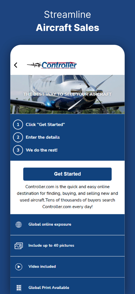 Controller: Aircraft for Sale - Interface para venda de aeronaves no aplicativo Controller mostrando recursos de listagem e um botão 'começar'