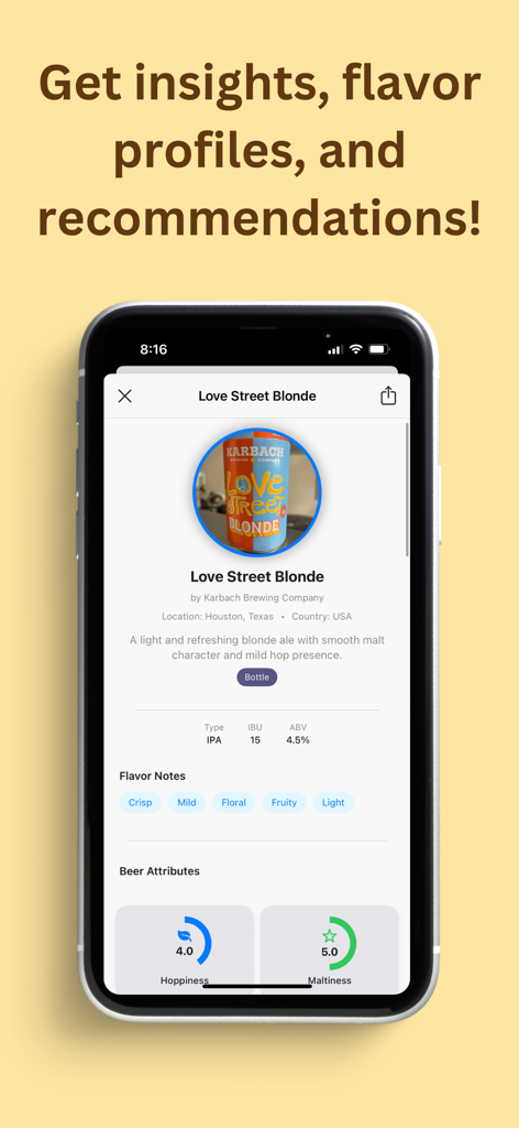 Brewzy app displaying flavor notes and beer attributes for a craft beer