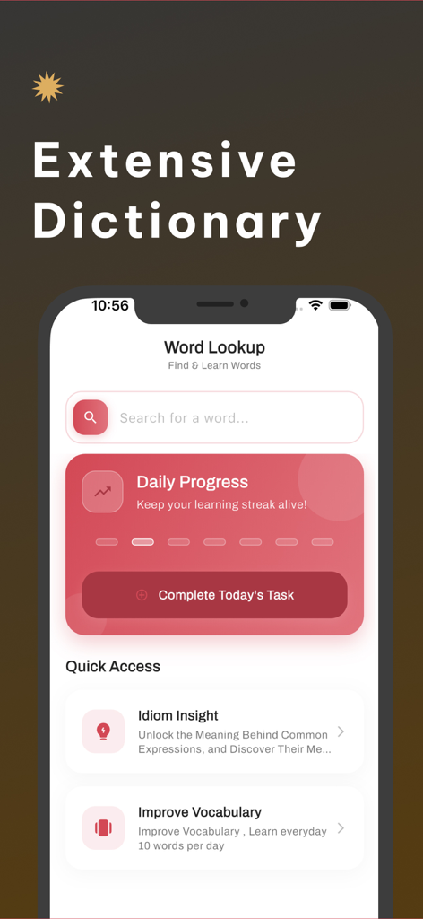 English to Sinhala Translator - Interface of the English to Sinhala translator app showing word lookup and progress tracking features