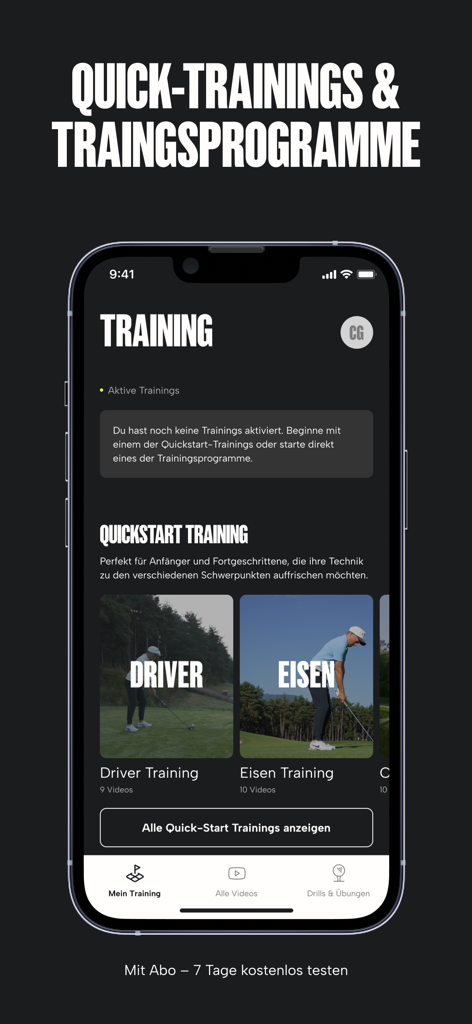 Raggl Golf Training - Raggl Golf Training app showing quickstart training modules for driver and iron shots