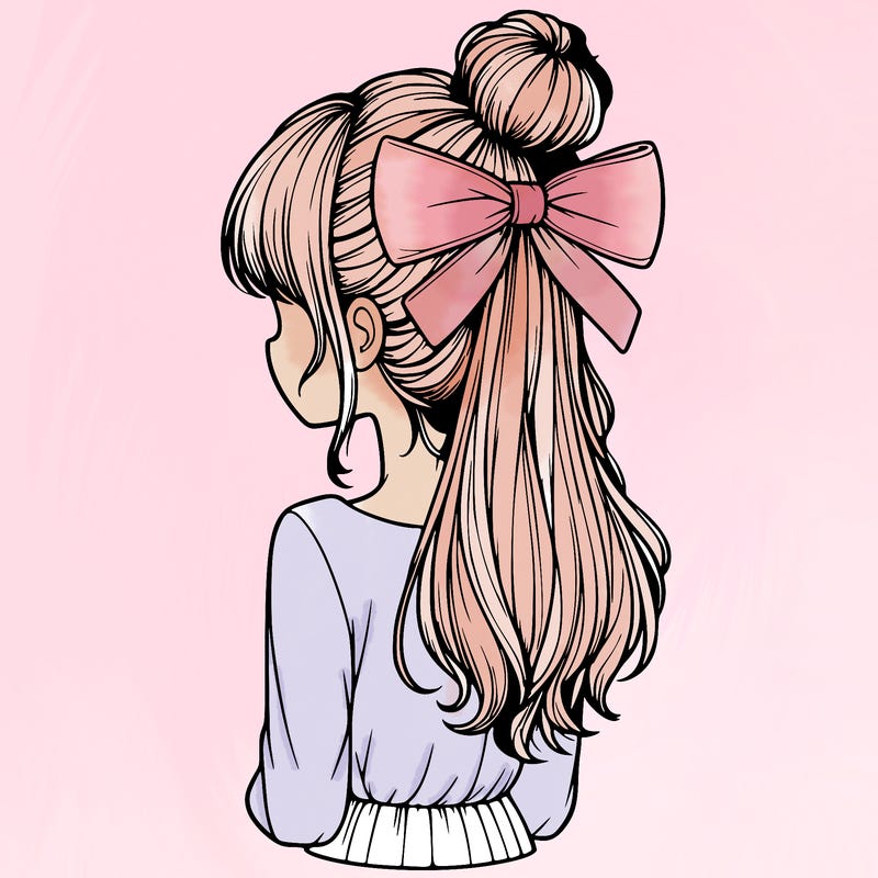 realistic girl  with hip length hair a bun and a big bow on the back of head