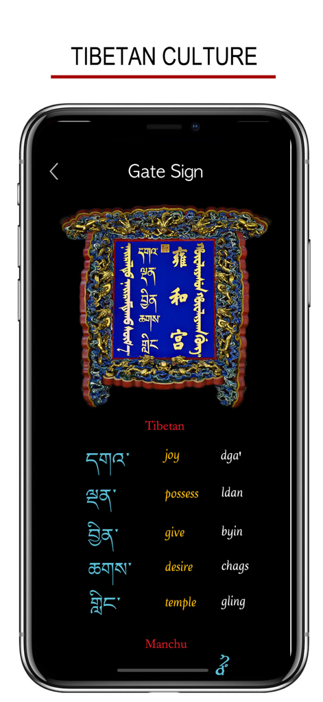 Tibetan Words & Writing - La aplicación Palabras y escritura tibetanas mostrando un letrero cultural de puerta con traducciones y transliteraciones de palabras tibetanas.