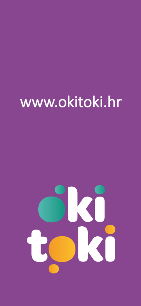 Okitoki - Okitoki app logo with colorful circles and website url on a purple background