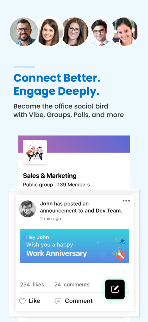 Darwinbox internal social feed showing a work anniversary announcement and team group management