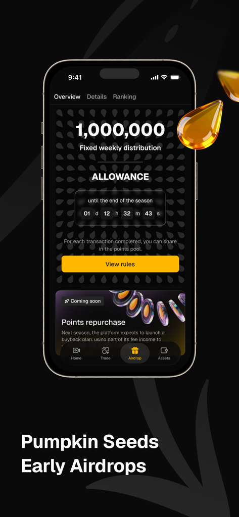 Pumpkin Pro - Screenshot of Pumpkin Pro app showing the early airdrop rewards interface with a one million points pool and a countdown timer