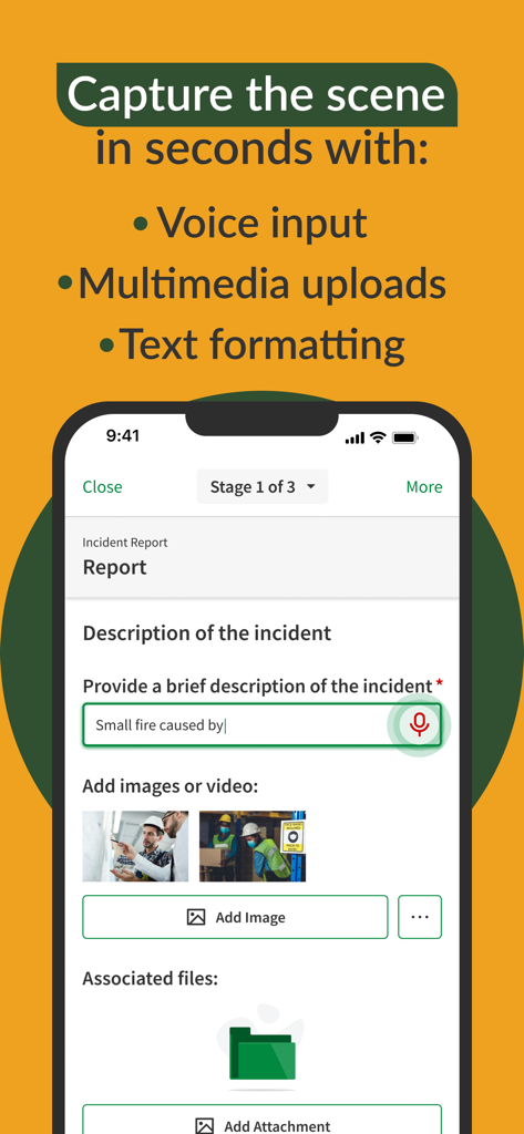 ecoPortal Connect - Interface do aplicativo ecoPortal Connect apresentando o registro de incidentes com entrada de voz e recursos de upload de multimídia