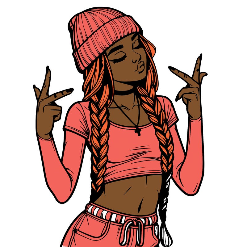 realistic teenage girl with braids and a beanie and crop top doing 🫶🏼