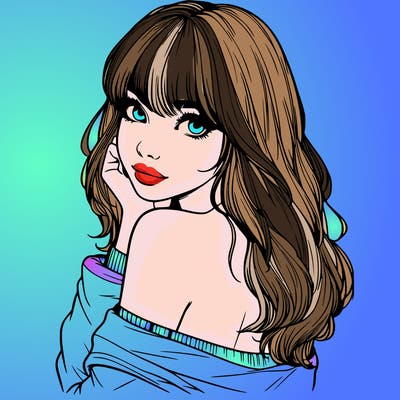 realistic girl with bangs looking over her shoulder