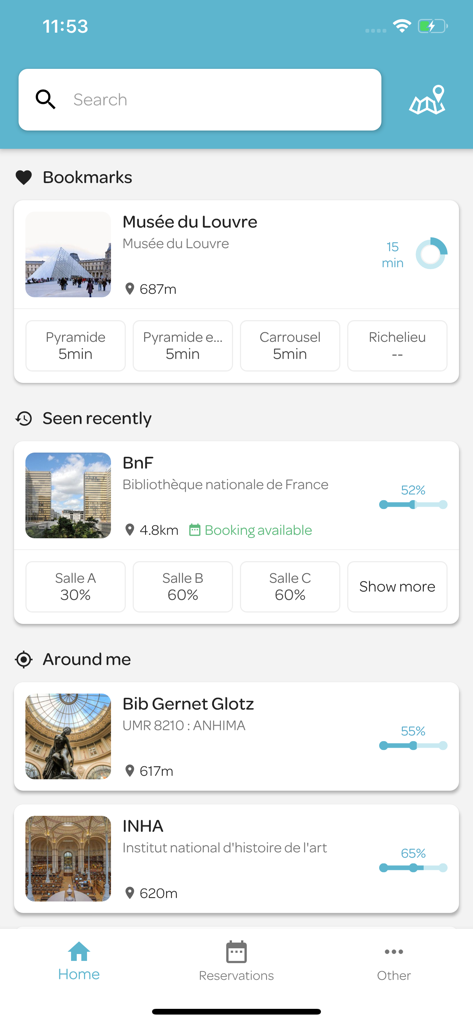 Affluences - Affluences app interface showing real-time occupancy percentages for libraries and wait times for the Louvre museum.
