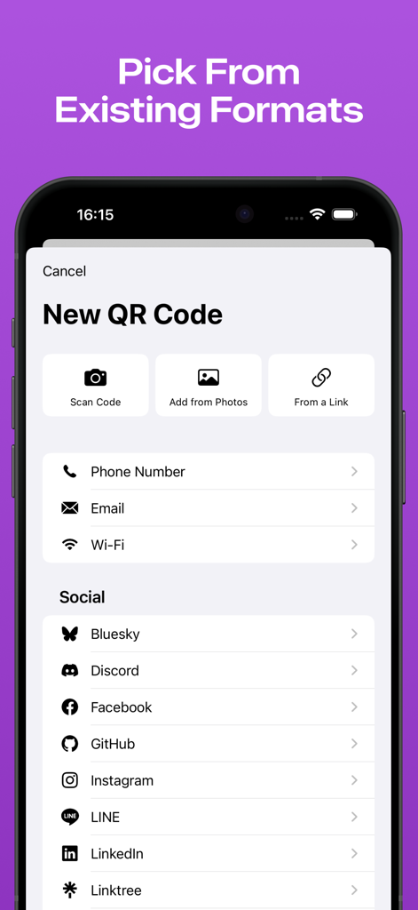 Quick Codes – QR Code Creator - Quick Codes app screen showing multiple QR code format options for social media contact info and wifi
