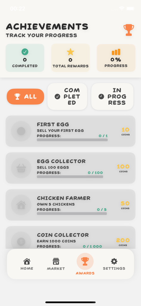 Achievements screen of Fowl Fusion Legacy Awaits showing farming milestones like First Egg and Egg Collector with coin rewards