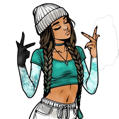 realistic teenage girl with braids and a beanie and crop top doing 🫶🏼