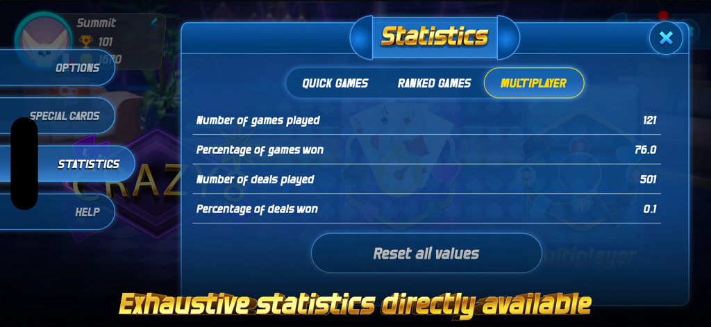 Crazy 8 Online - A detailed multiplayer statistics screen for the Crazy 8 Online card game showing games played and win percentages