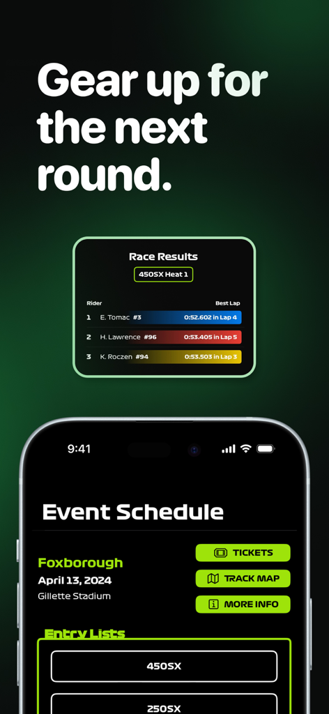 SMX Live for AMA Supercross - SMX Live app interface showing AMA Supercross race results and event schedule for Foxborough