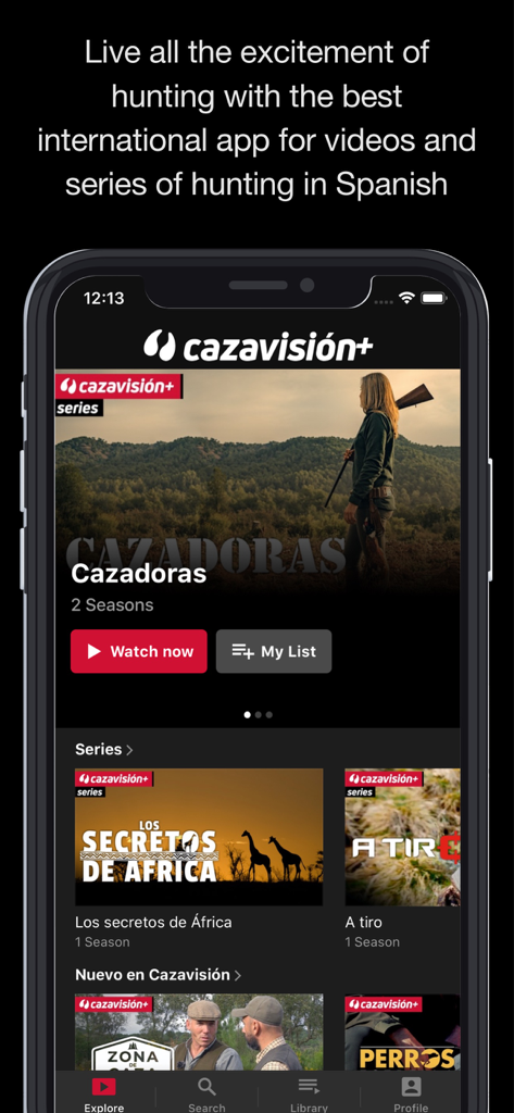 Interfaz de la app Cazavision Plus con series y documentales de caza en español