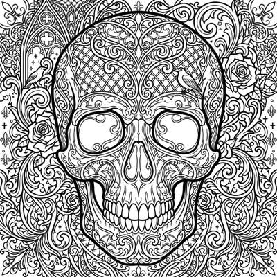 Unleash your creativity with this intricately detailed Gothic skull coloring page, adorned with elegant Victorian lace and dramatic swirling patterns. Perfect for those who appreciate dark aesthetics and complex designs, offering hours of engaging artistic expression.