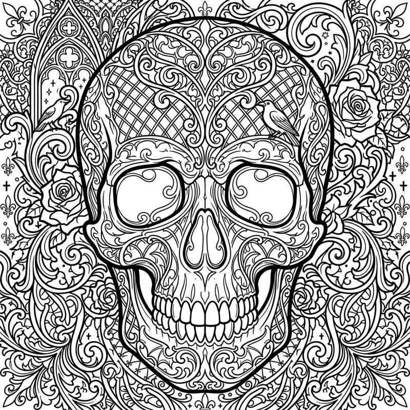 Unleash your creativity with this intricately detailed Gothic skull coloring page, adorned with elegant Victorian lace and dramatic swirling patterns. Perfect for those who appreciate dark aesthetics and complex designs, offering hours of engaging artistic expression.