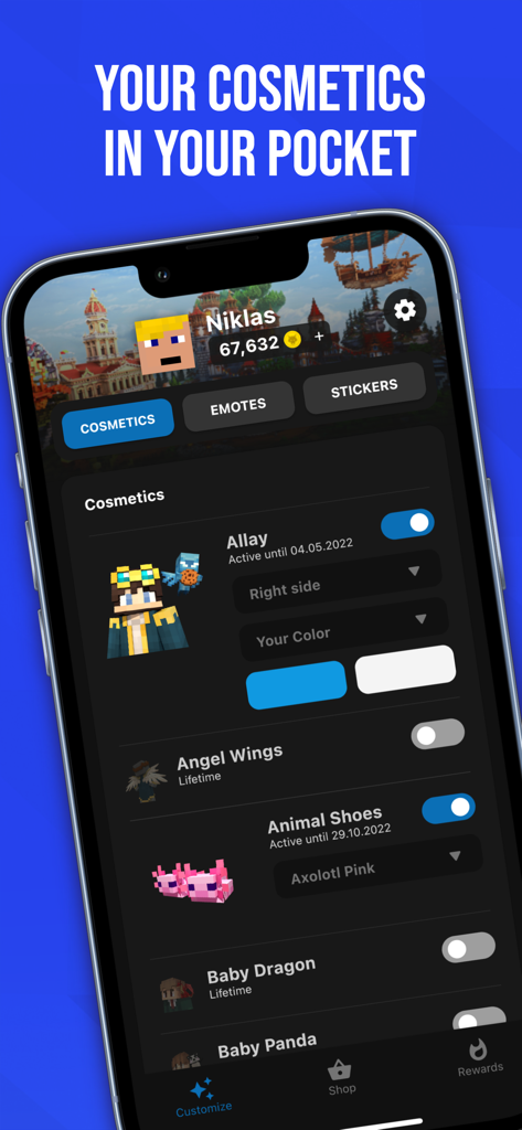 LabyMod - LabyMod Mobile-Oberfläche zur Verwaltung von Minecraft-Charakter-Kosmetika und Emotes.