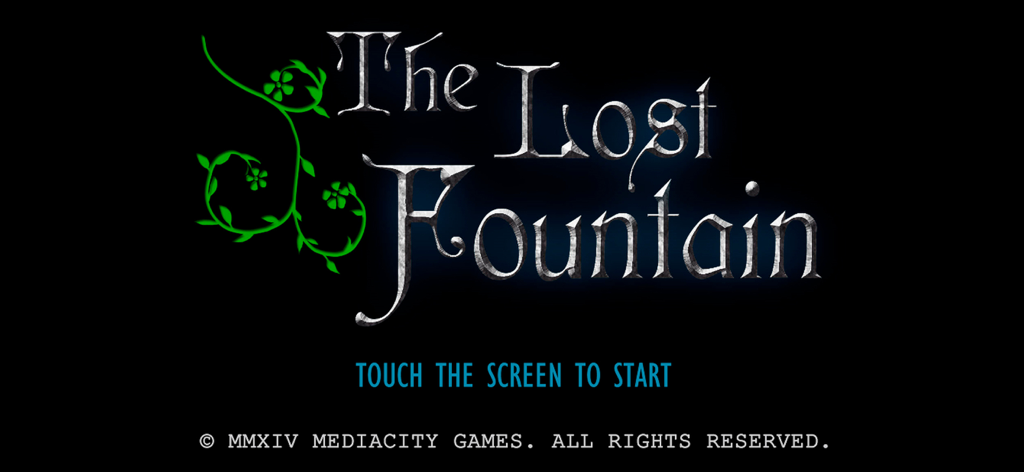 Title screen of The Lost Fountain adventure game with a metallic logo and green flower vines on a black background