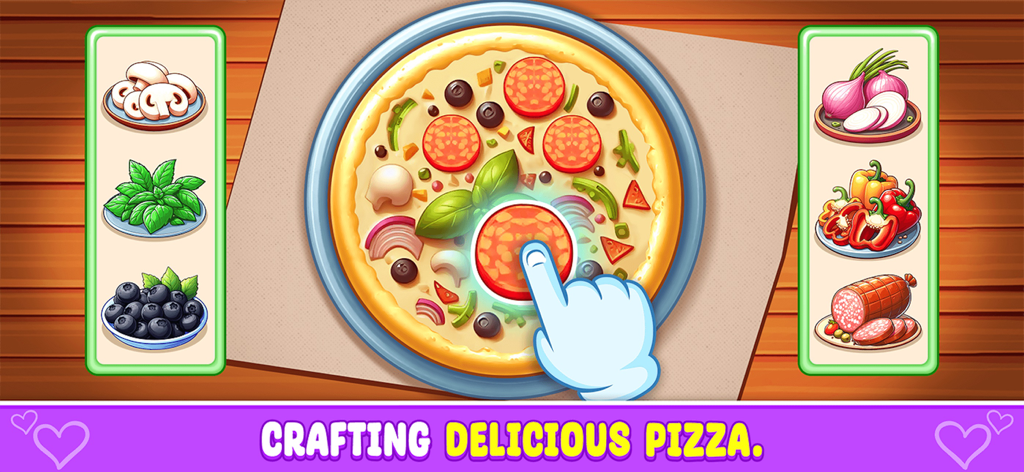 Fast Food - Cooking Game - A digital pizza making game showing a hand placing pepperoni on a pizza surrounded by mushroom, basil, and vegetable ingredients
