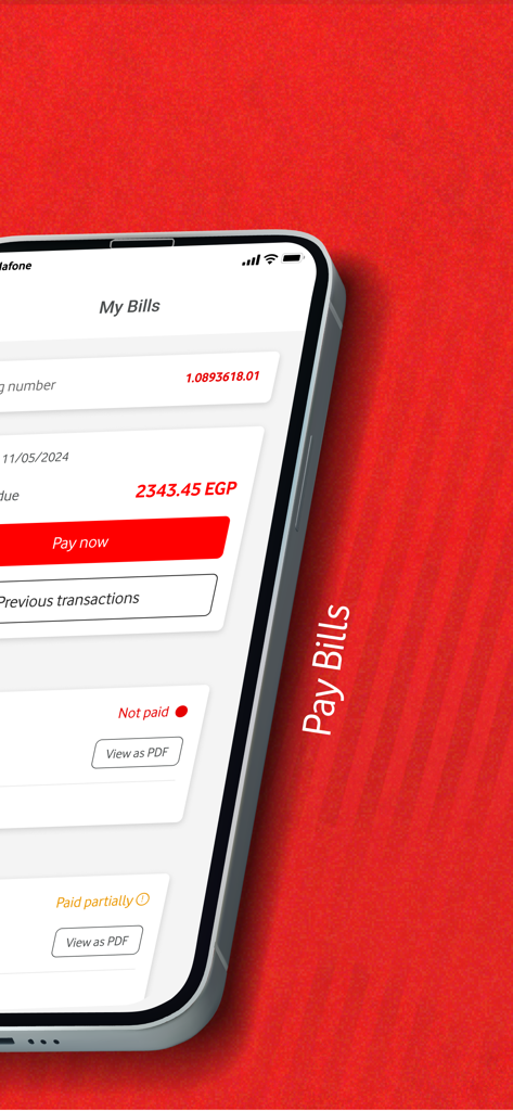 Vodafone Business app My Bills screen showing bill details and pay now option