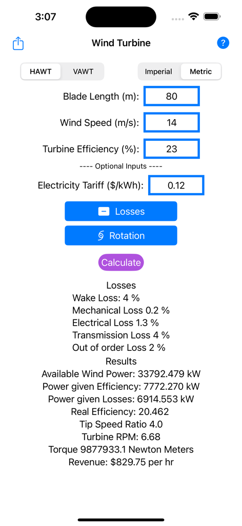 Wind Turbine Calculator - The calculation results screen of the Wind Turbine Calculator app showing technical data and revenue per hour.