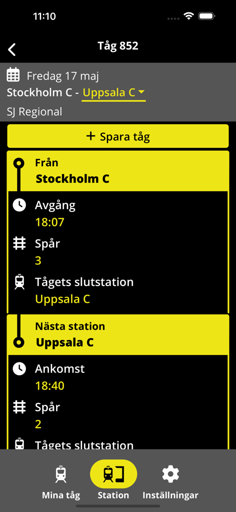 Mina Tåg - Mina Tag app showing train schedule from Stockholm to Uppsala with high contrast yellow on black UI for accessibility.
