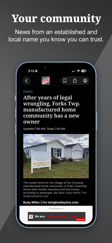 lehighvalleylive.com - Uma tela de smartphone exibindo um artigo de notícias local sobre uma comunidade em Forks Township do aplicativo móvel lehighvalleylive.com.