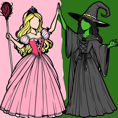 detailed realistic split of a princess and a witch