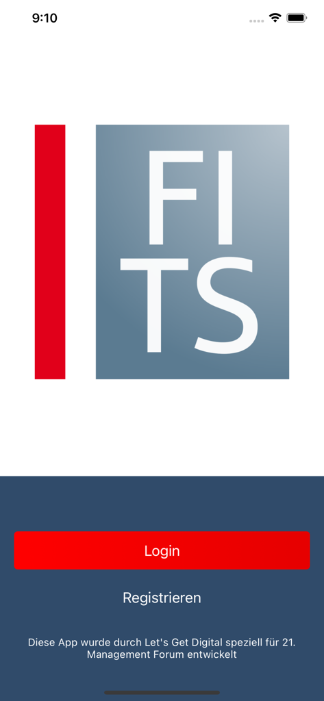Login screen of the FI-TS Events app featuring the company logo and registration buttons