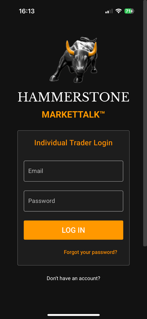 HS MarketTalk app login screen for individual traders featuring the Hammerstone bull logo and login form