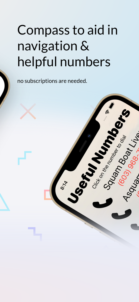 Pantalla de la aplicación Mapa del Lago Squam mostrando una lista de números de contacto locales útiles para la navegación y características de navegación.