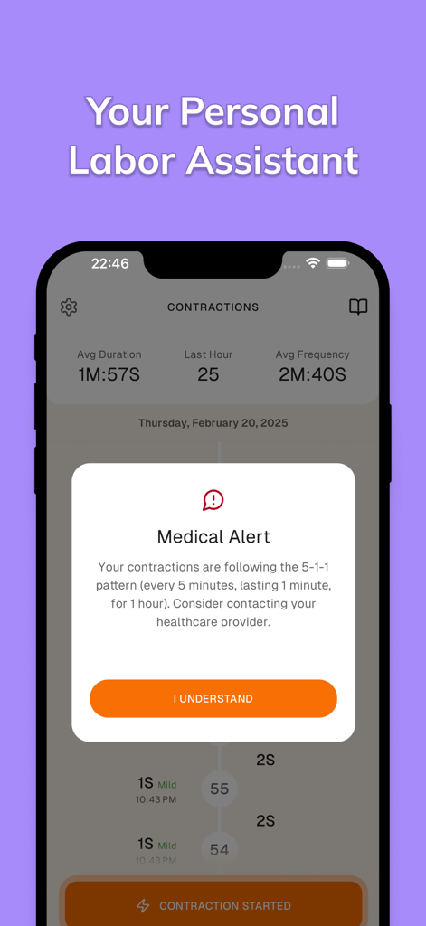 Contraction Timer: Counter - Aplicativo de timer de contração exibindo um alerta médico para a regra de trabalho de parto 5-1-1