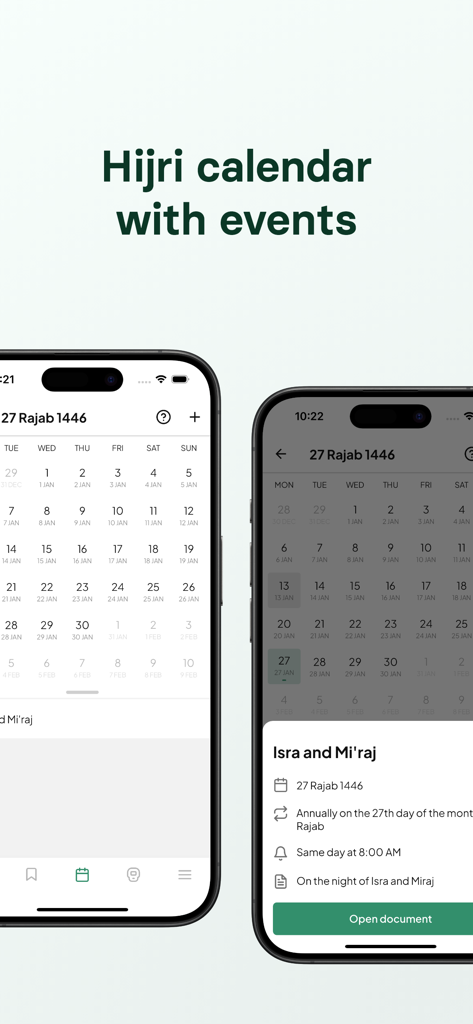 Al Adkar - Interfaz de la aplicación Al Adkar mostrando el calendario Hijri con eventos islámicos en modos claro y oscuro