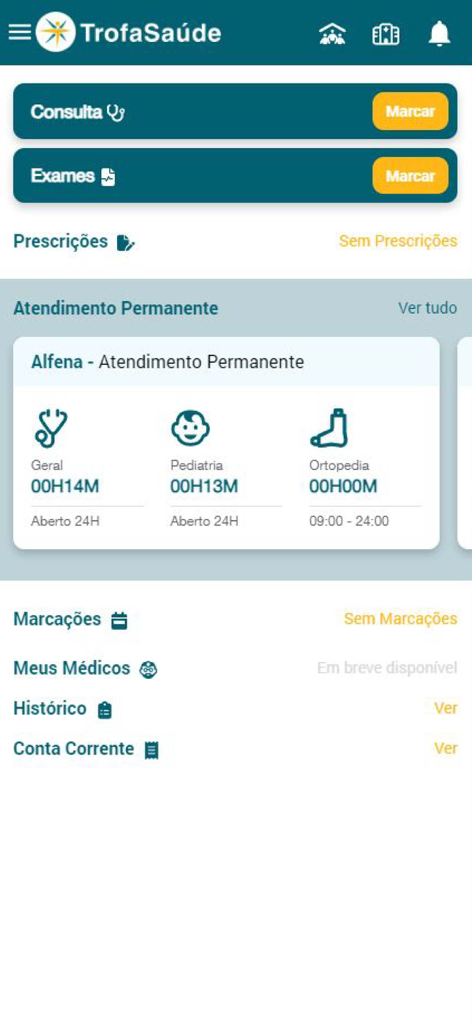 Tableau de bord principal de l'application de santé Trofa Saúde 24 affichant les options de prise de rendez-vous et les temps d'attente à l'hôpital