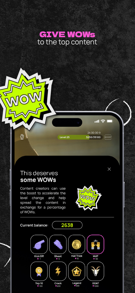 Feeberse - Feeberse app interface showing reward options for soccer content creators like MVP and GOAT levels