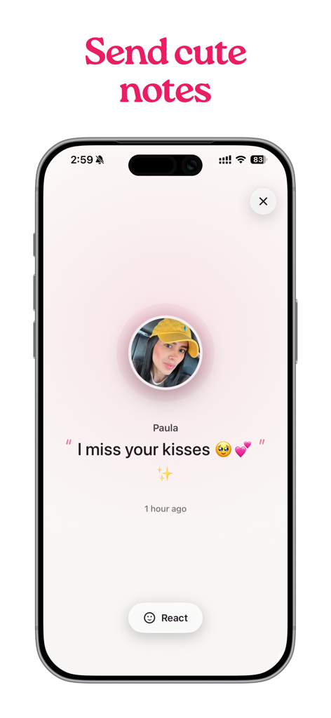 Amora: Couples & Relationship - A private message interface in the Amora app showing a cute note sent between a couple.