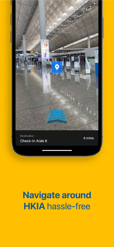 Augmented reality navigation feature in the My HKG app showing directional arrows on an airport terminal floor towards Check-in Aisle K
