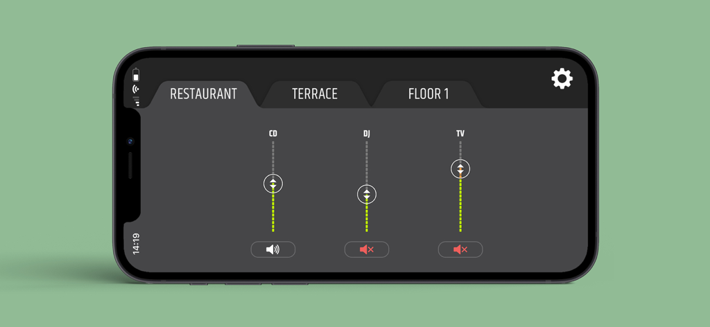 QUESTRA Panels mobile app interface showing volume control for multiple audio zones in a restaurant