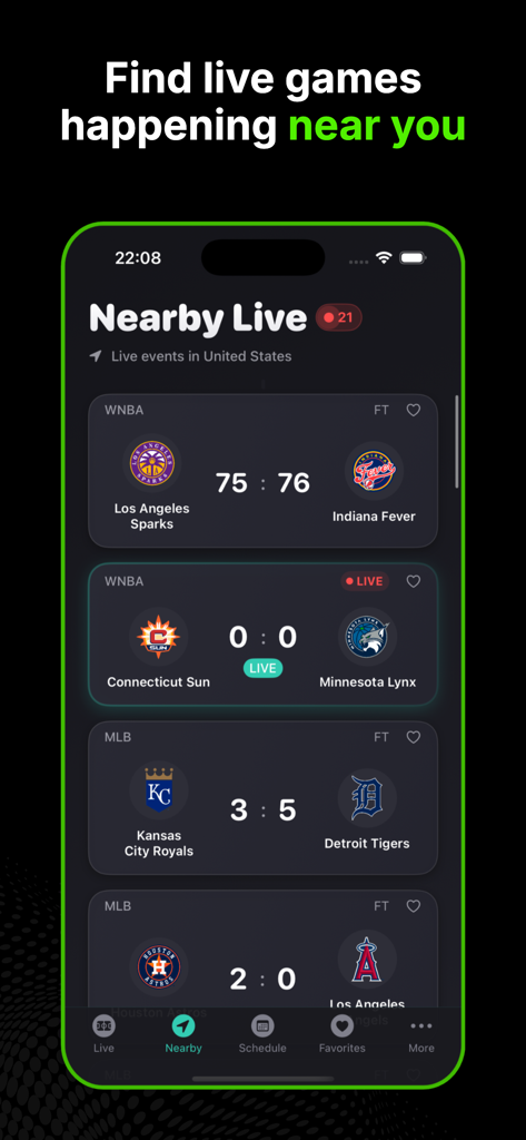 DRM - Live Sports Score & News - A smartphone interface showing the Nearby Live feature of the DRM sports app with scores for WNBA and MLB games in dark mode