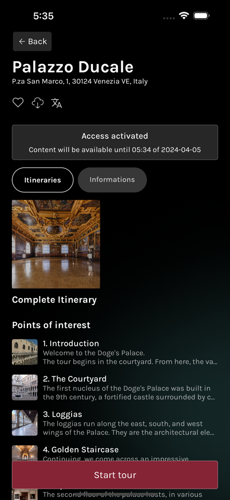 MuVe - Captura de pantalla de la app MuVe que muestra el itinerario del tour del Palacio Ducal con puntos de interés y un botón de inicio de tour.
