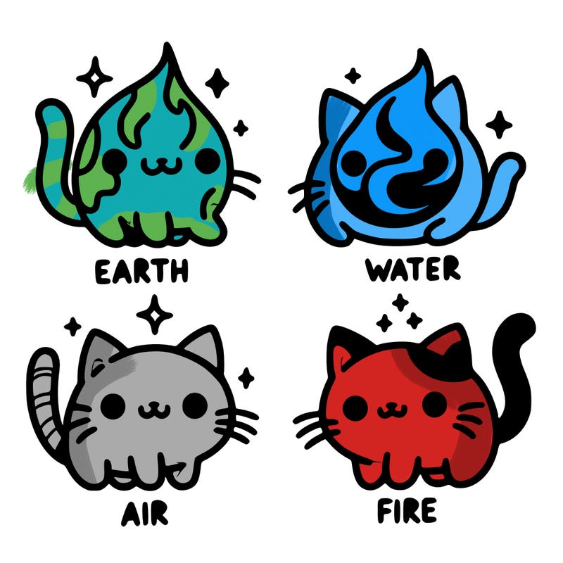 4 cats that represent the different elements, earth, water, air, and fire
